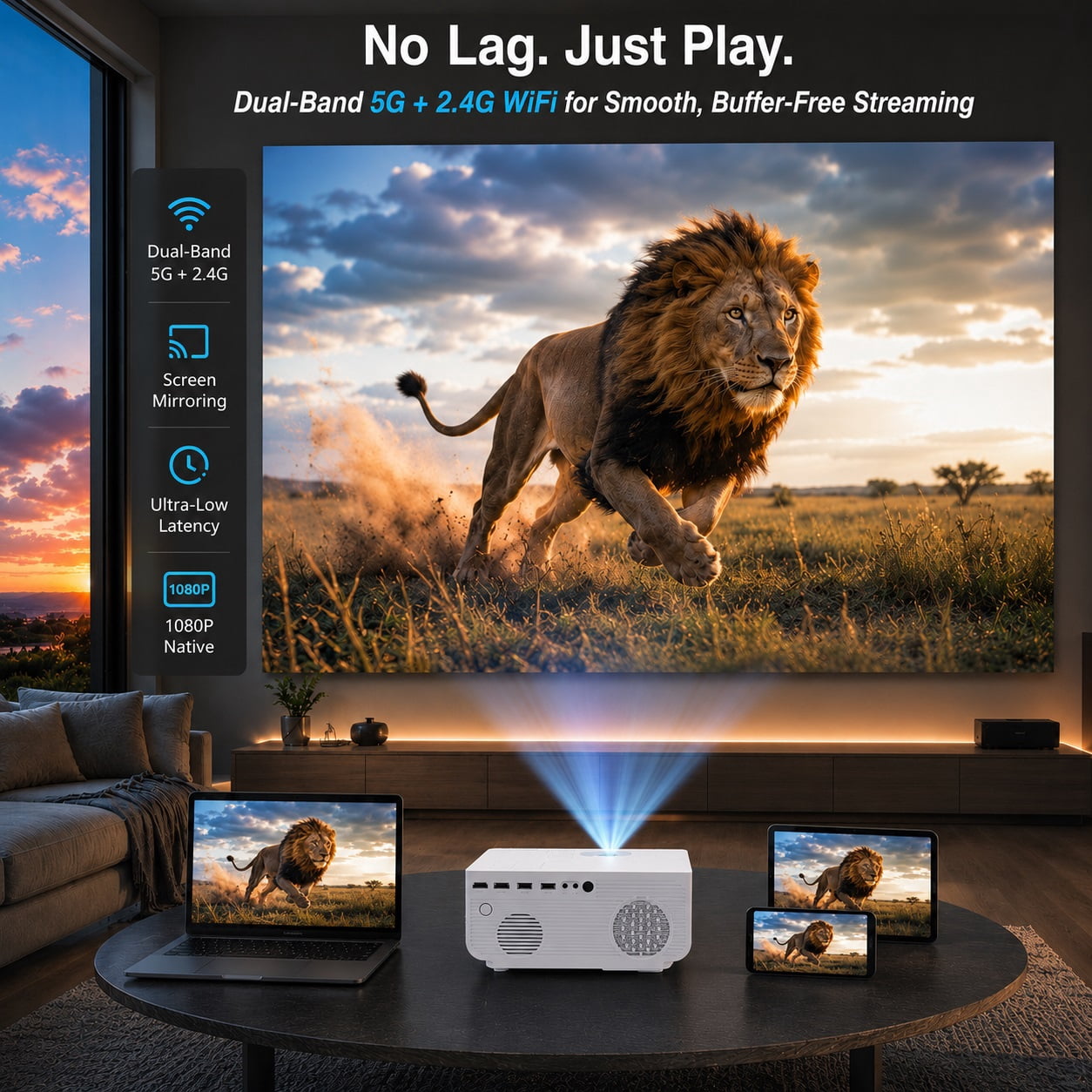 Groview Native 1080P Mini Projector, Support 4K Projector with 5G WiFi and Bluetooth, 300 ANSI Movie Projector Compatible with HDMI/USB/PC/AV, 300" Display Full HD Home Theater, Outdoor & Indoor Use