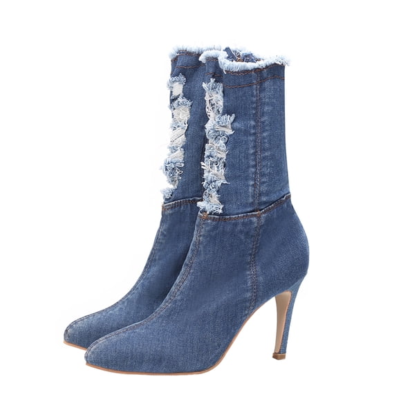 par de botas de tacón fino elástico de mezclilla, botas de tacón alto, zapatos de otoño e invierno