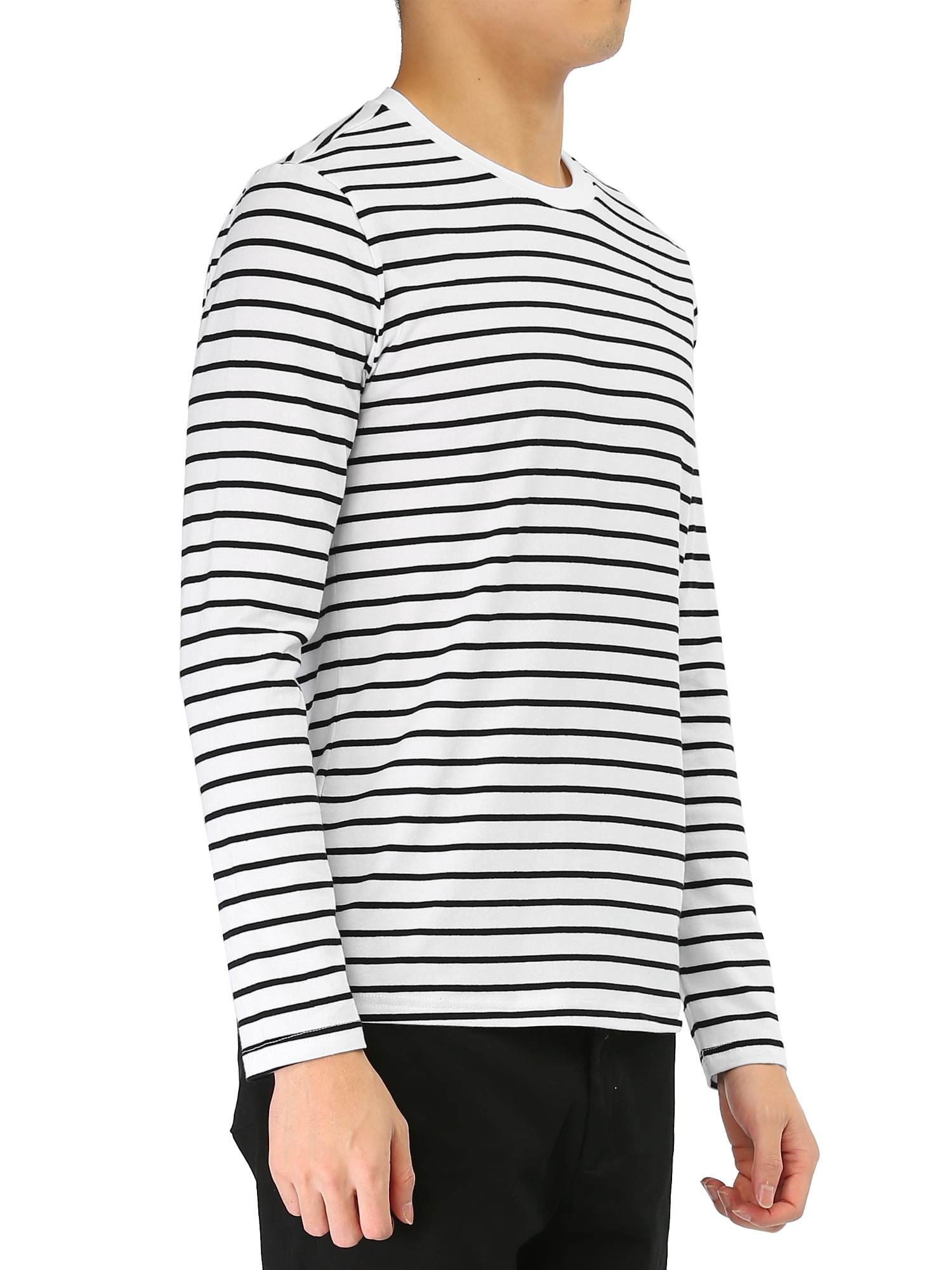 Unique Bargains Men's Long Sleeve Pullover Top Crew Neck Striped T-Shirts 50 Black and White
