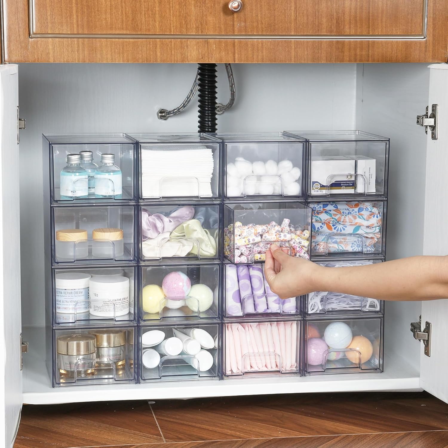 2 Pack Clear Stackable Storage Drawers, 4.4'' Tall Acrylic Bathroom Makeup Organizer,Plastic Storage Bins For Vanity, Undersink, Kitchen Cabinets, Pantry, Home Organization