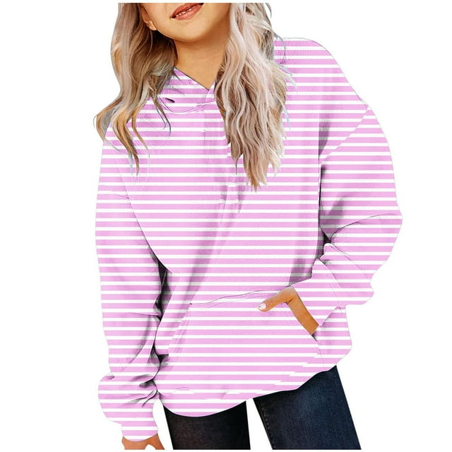 RXIRUCGD Chandails en Molleton à Capuche pour Filles et Tout-Petits, Chemises Décontractées à Manches Longues, Col Rond, Rayures, Pull-Over, Chandail en Molleton Violet pour Filles Taille 7-8 Ans