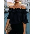 thumbnail image 4 of Women's Off Shoulder Ruffle Trendy Short Sleeve Blouse Casual Outfits Layered Tops Black S, 4 of 6