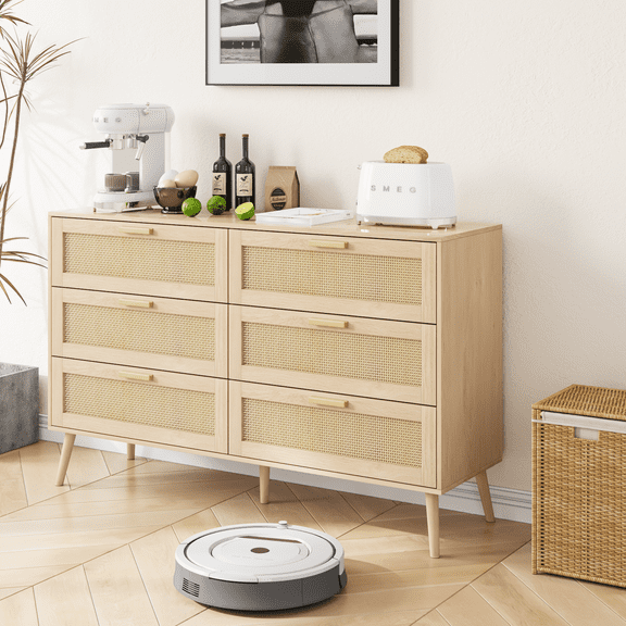 Rattan Modern Drawer Chest, Modern 6 Drawer Dresser, Wide Chest of Drawers with wood Handles, Rattan Dresser Storage Cabinet for Living Room, Bedroom (Natural)