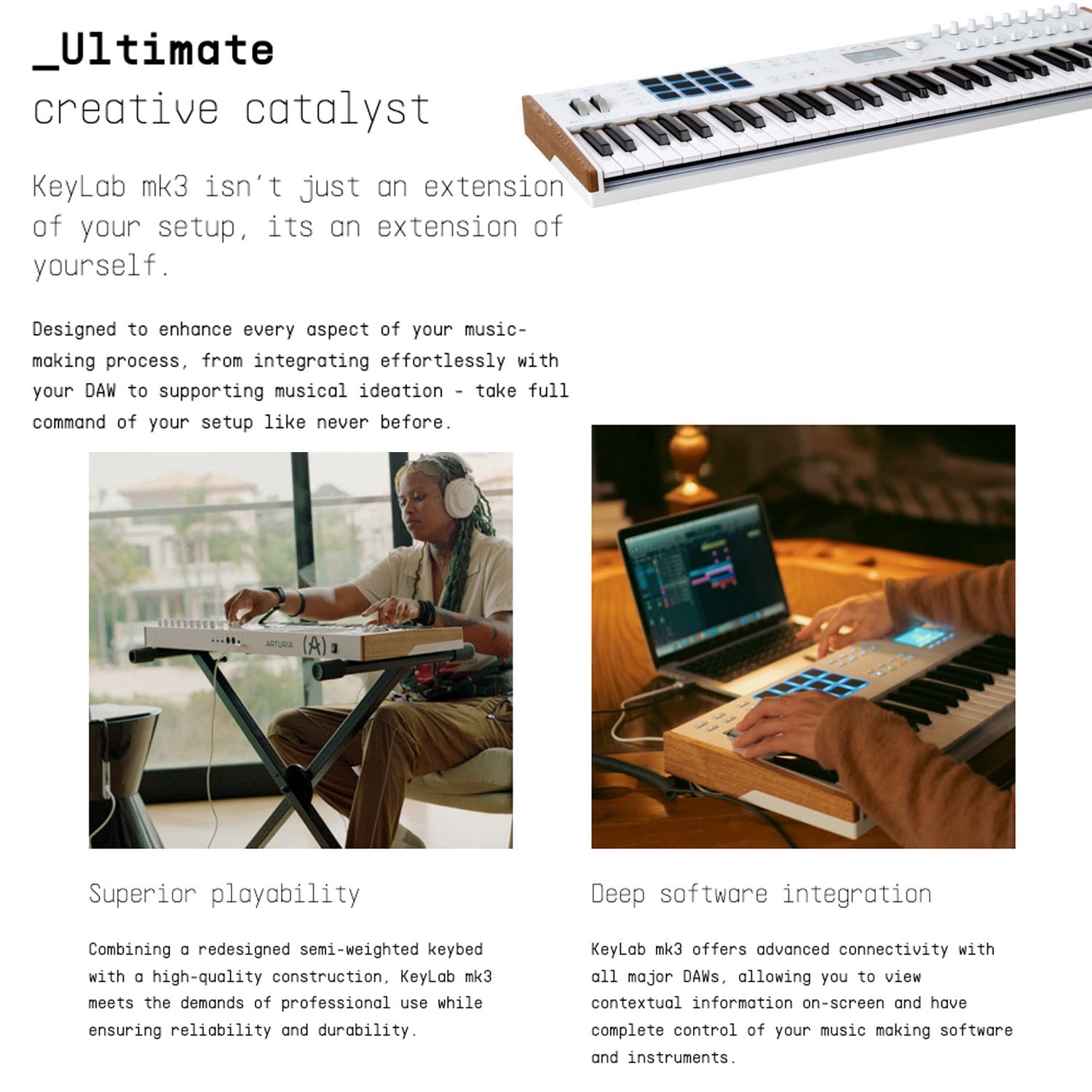 Arturia KeyLab Mk3 61 Keyboard MIDI Controller with DAW Integration and Enhanced Keybed (White) Bundle with Keyboard Piano Style Sustain Pedal, Keyboard Dust Cover, and 10 Feet MIDI Cable (4 Items)