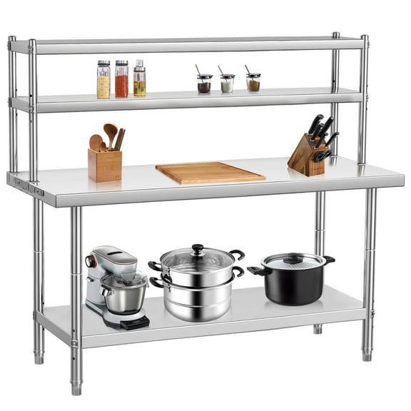 Stainless Steel Table with Overshelves, 30" X 24"/36" x 24"/48" x 24" Commercial Work Table with Large Shelf, Metal Kitchen Prep Table & Shelving Combo