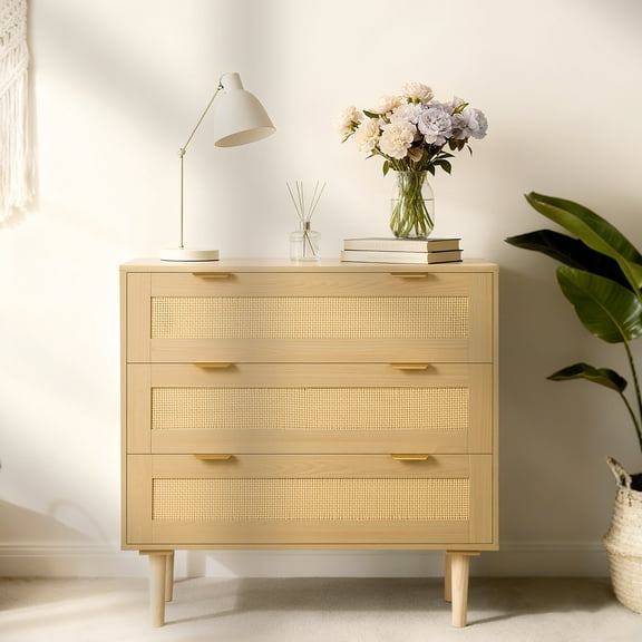 KFFKFF 3-Drawer Rattan Dresser, Stylish Storage Cabinet with Metal Handles & Wooden Legs, Modern Organizer for Bedroom, Living Room, or Hallway