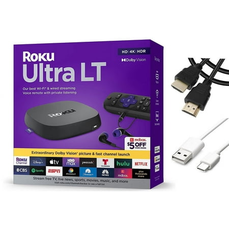 Roku Ultra LT (2023) HD/4K/HDR Dolby Vision Quad-Core Streaming Player with HDMI Cable, Headphones, Voice Remote w/ Private Listening, Ethernet + Tigology Accessories