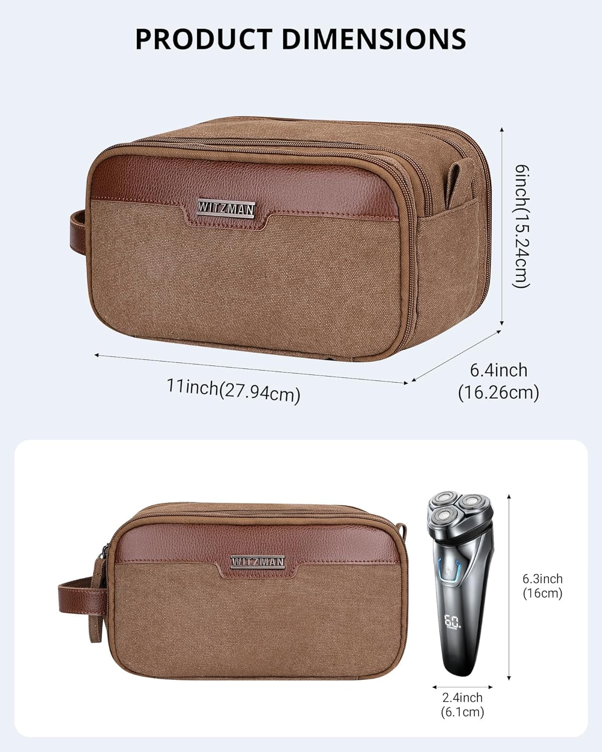 WITZMAN Canvas Toiletry Bag for Men Large Capacity Hanging Dopp Kit for Men Leather Toiletries Water-Resistant Bathroom Bag(A8002 Brown)