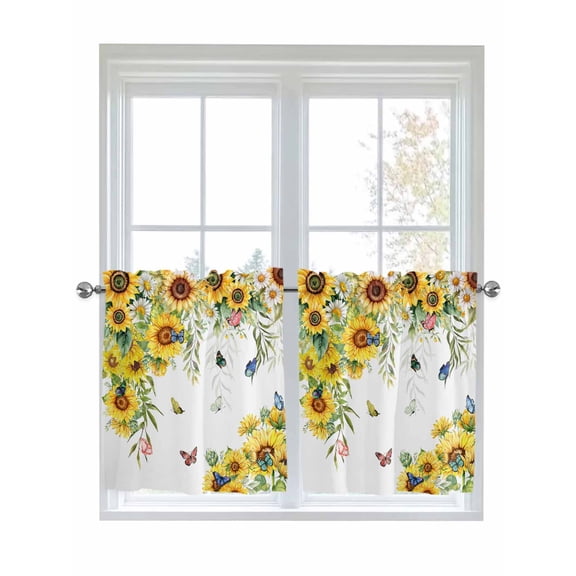 Half Window Curtain 36 Inches Long, Sunflower Window Treatment Curtain Drapes, Summer Botanical Butterfly Watercolor Small Tier Curtains for Bathroom Over Sink, 27.5"x36", 2 Panels