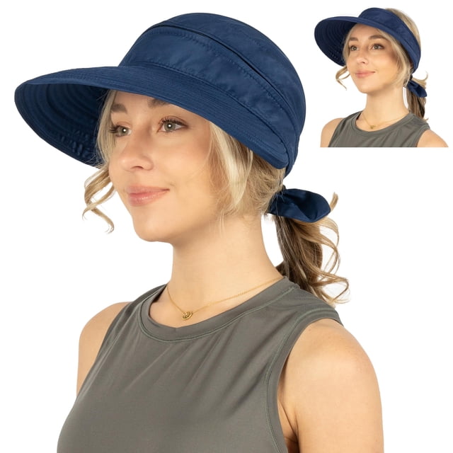 SUN CUBE Sombrero de sol para mujer para protección UV al aire libre, sombrero de ala ancha para el sol, cola de caballo, visera de playa convertible con cremallera