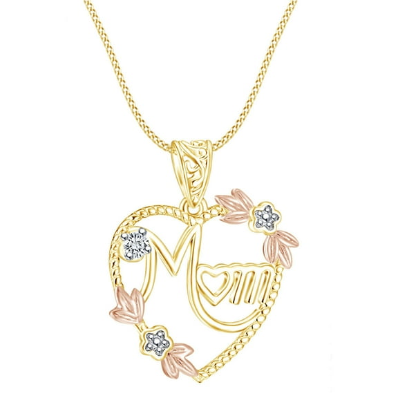 AFFY Mother's Day Jewelry Gifts Round White Cubic Zirconia Two Tone Mom Heart Pendant Necklace In 14k Yellow Gold Over Sterling Silver