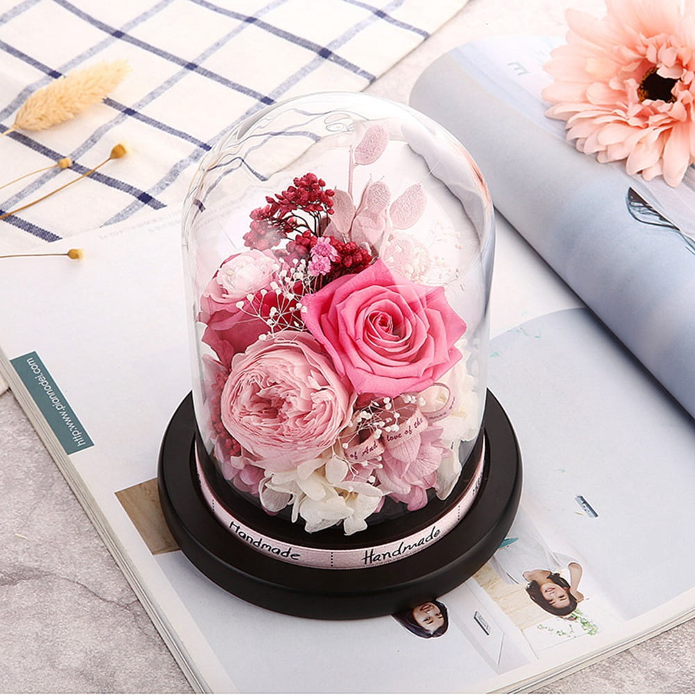 Valentines Day Gift for Girlfriend Eternal Flower in Glass Cover Mother'S Day Home Decor LED-Light Dried Flowers Roses B