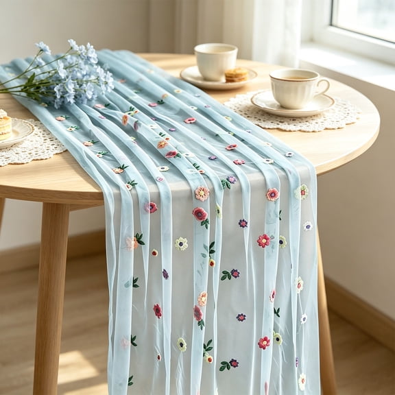 Floral Embroidery Sheer Organza Table Runner, 3D Flower Decorative Table Scarf, Lightweight Reusable Table Decor, Elegant Table Runner for Wedding Reception Bridal Shower Party
