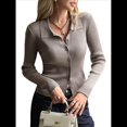 thumbnail image 1 of Cárdigan de Punto Acanalado con Botones y Larga para Mujer, Suéter Informal Ajustado con Cuello. Camello L, 1 of 8