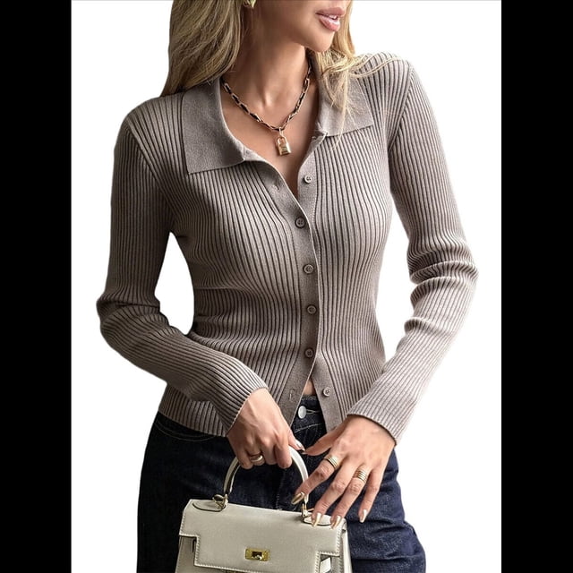 Cárdigan de Punto Acanalado con Botones y Larga para Mujer, Suéter Informal Ajustado con Cuello. Camello L