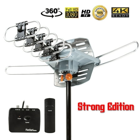 Five Star Outdoor 150 Mile Motorized 360 Degree Rotation OTA Amplified HDTV Antenna for 2 TVs Support - UHF/VHF/1080P Channels Wireless Remote Control - 40FT Coax Cable