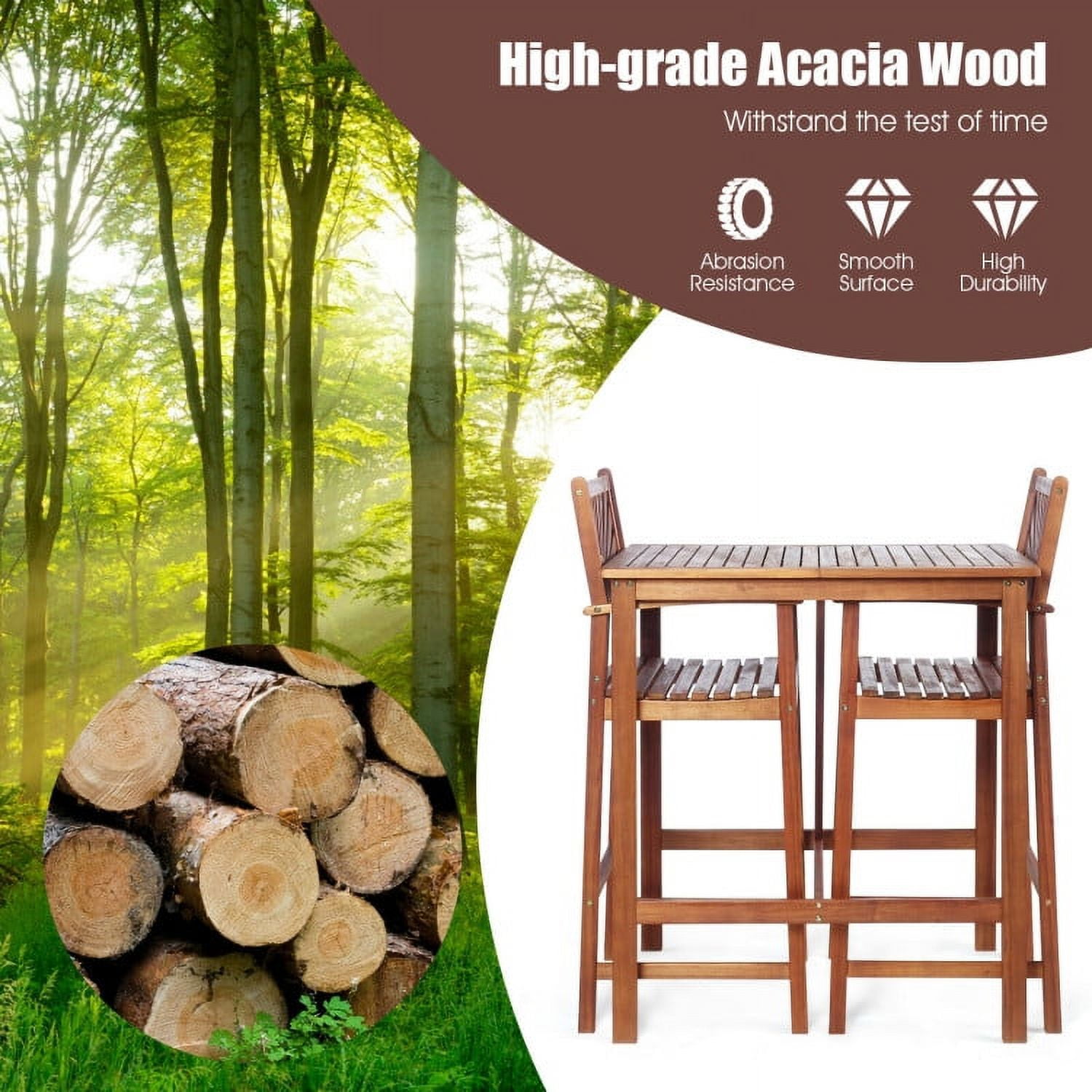 Aimee Lii 3 Pieces Acacia Wood Patio Bar Set with Sunflower Patterned Backrest, Outdoor Patio Furniture
