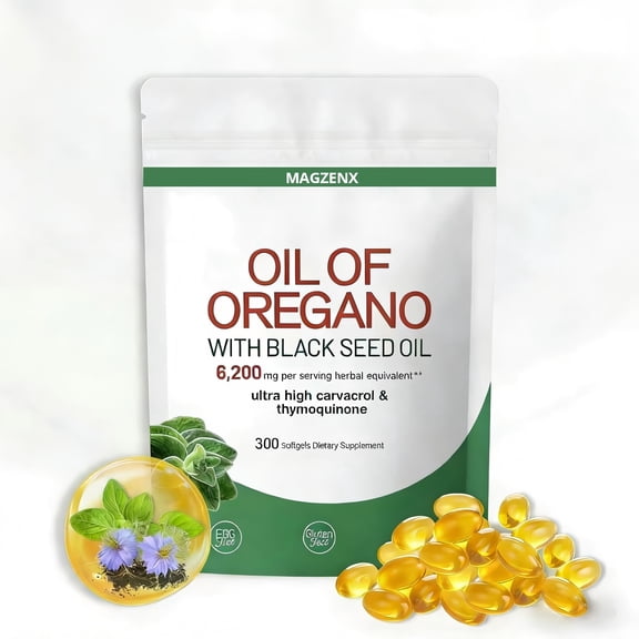 Adult Oregano Oil with Black Seed Oil Supplement, 6200mg Herbal Equivalent, High Carvacrol Thymoquinone Vegan Softgels, 300 Count