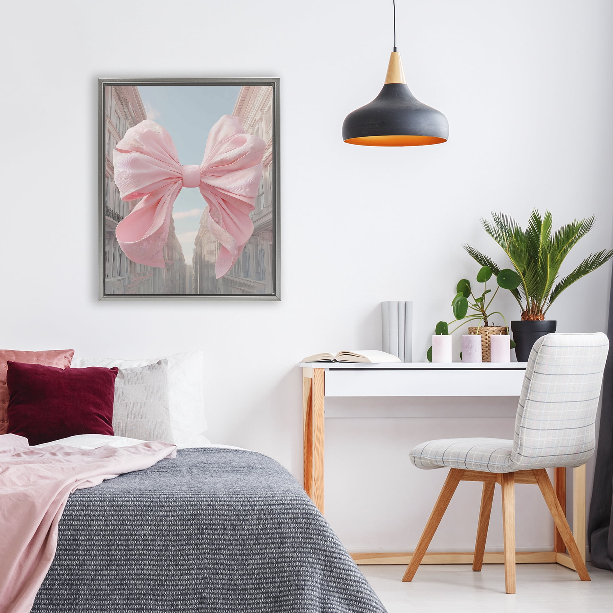 Stupell Industries Pink Bow over City Street Gray Framed Floater Canvas Wall Art, design by The Prints Vibe