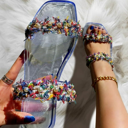

YTJX Fashion Spring And Summer Women Slippers Flat Bottom Rhinestone Pearl Large Size Beach Shoes