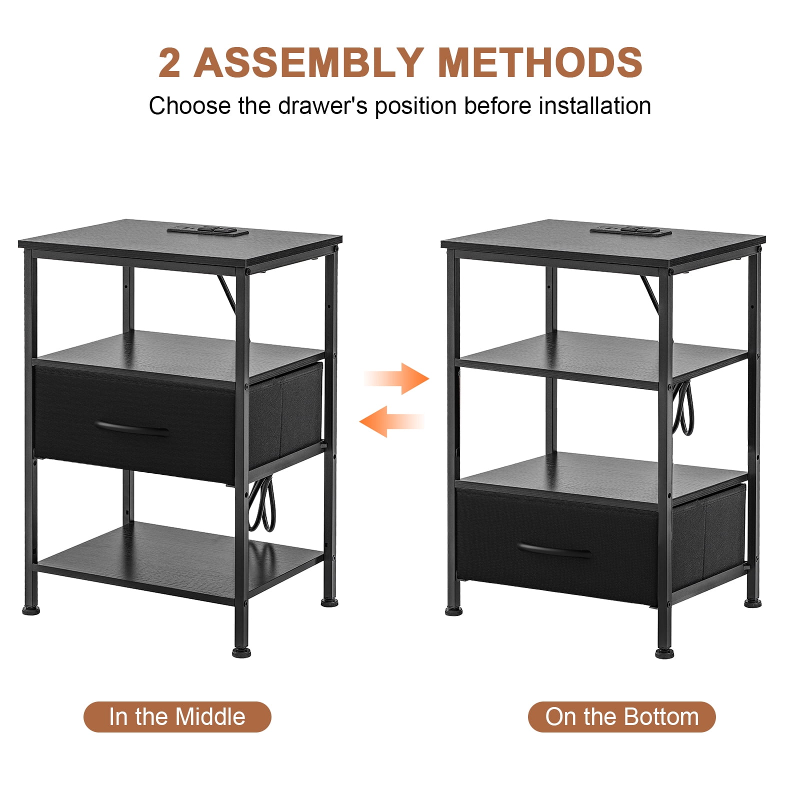 CONCETTA Set of 2 Small Night Stand with Charging Station, 1 Fabric Drawer, USB Ports and Outlets, Open Storage Shelf Bedside End Table for Bedroom, Black