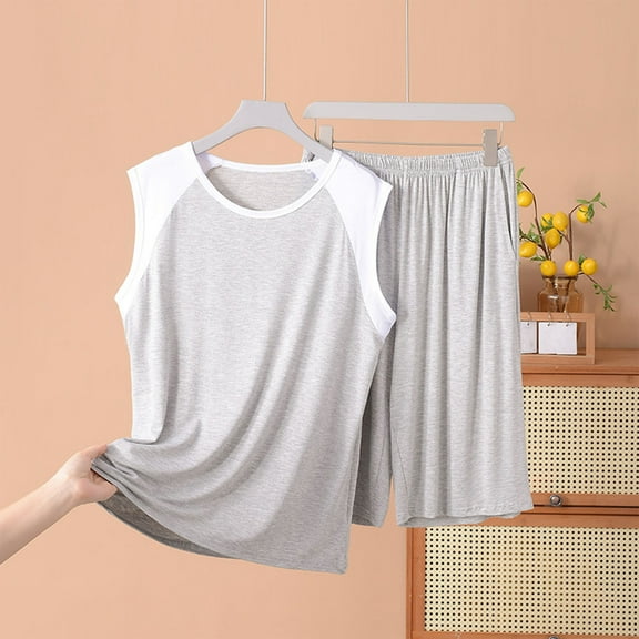 HaoXianJian Mens Summer 2 Piece Outfits Tracksuit Sleeveless Muscle Pajamas Set Workout Tank Top Pjs Sets Athletic Shirts and Shorts Vacation Loungewear Plus Size XXL-5X Sporty Sweatsuits Sets