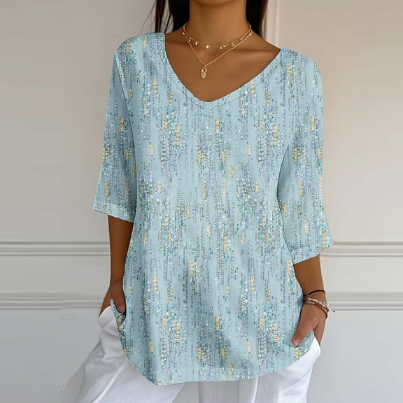 Womens Plus Size Tops 3/4 Length Sleeve Fall Fashion Trendy Casual Peplum Going Out Tops Comfy Soft Dressy Notch V Neck T Shirts Basic Solid Color Summer Tunic Blouse