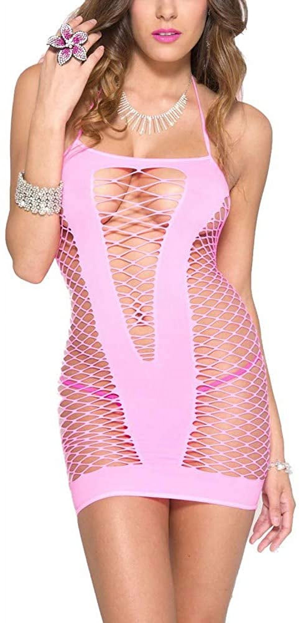 Music Legs Women's 6767-NEONPINK Diamond Net with Front V Shape Mini Costume, Neon Pink
