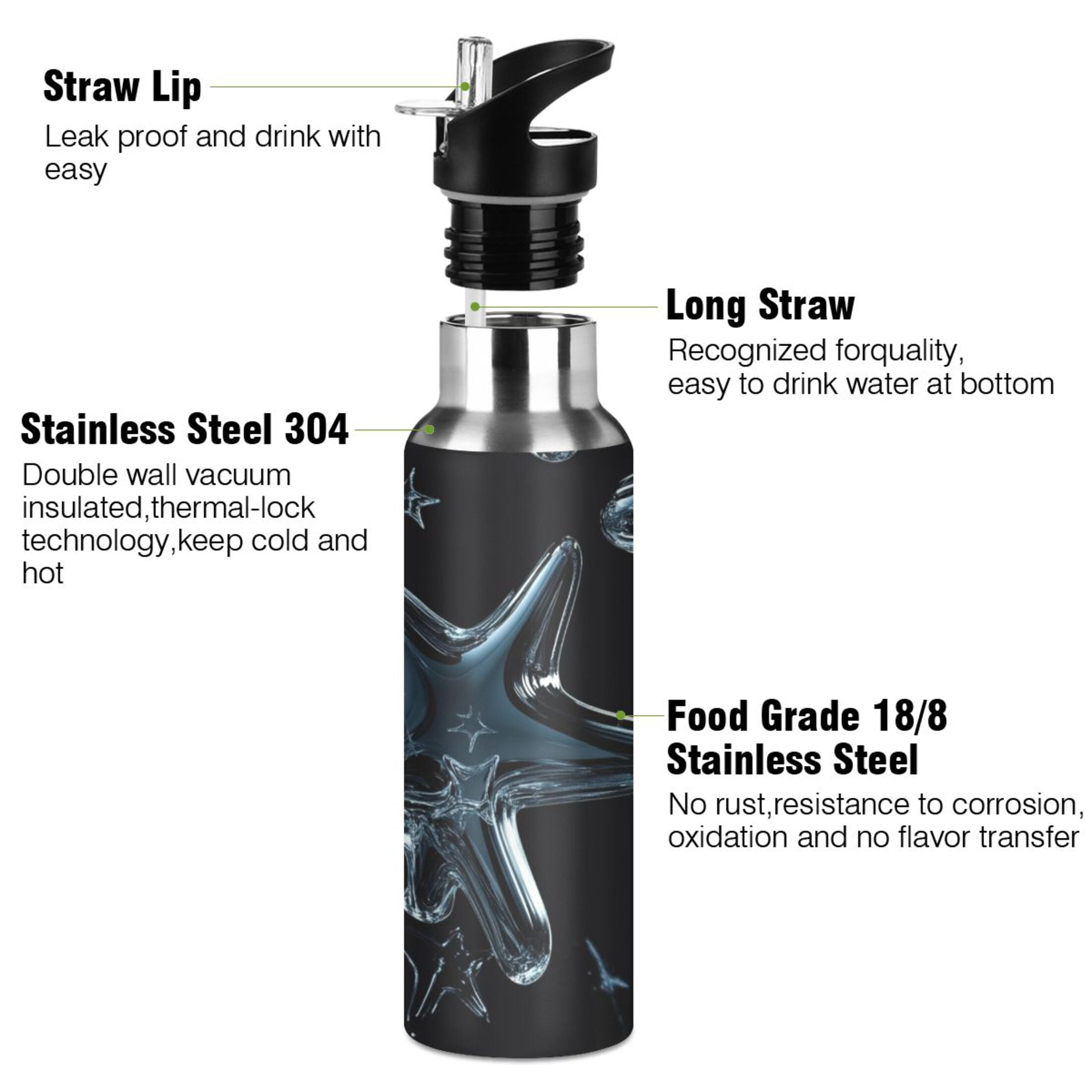 Transparent Glass Stars Sports Bottle with Straw Stainless Steel Water Jug Portable Thermal Cup Leak-proof 1000ML