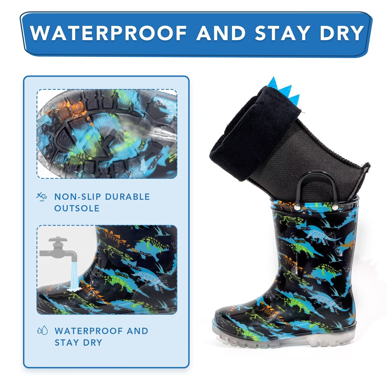 FUNCOO PLUS Boys Light Up Rain Boots Toddler Kids Warm Lined Winter Boots, Dinosaur, Big Kid Size 1