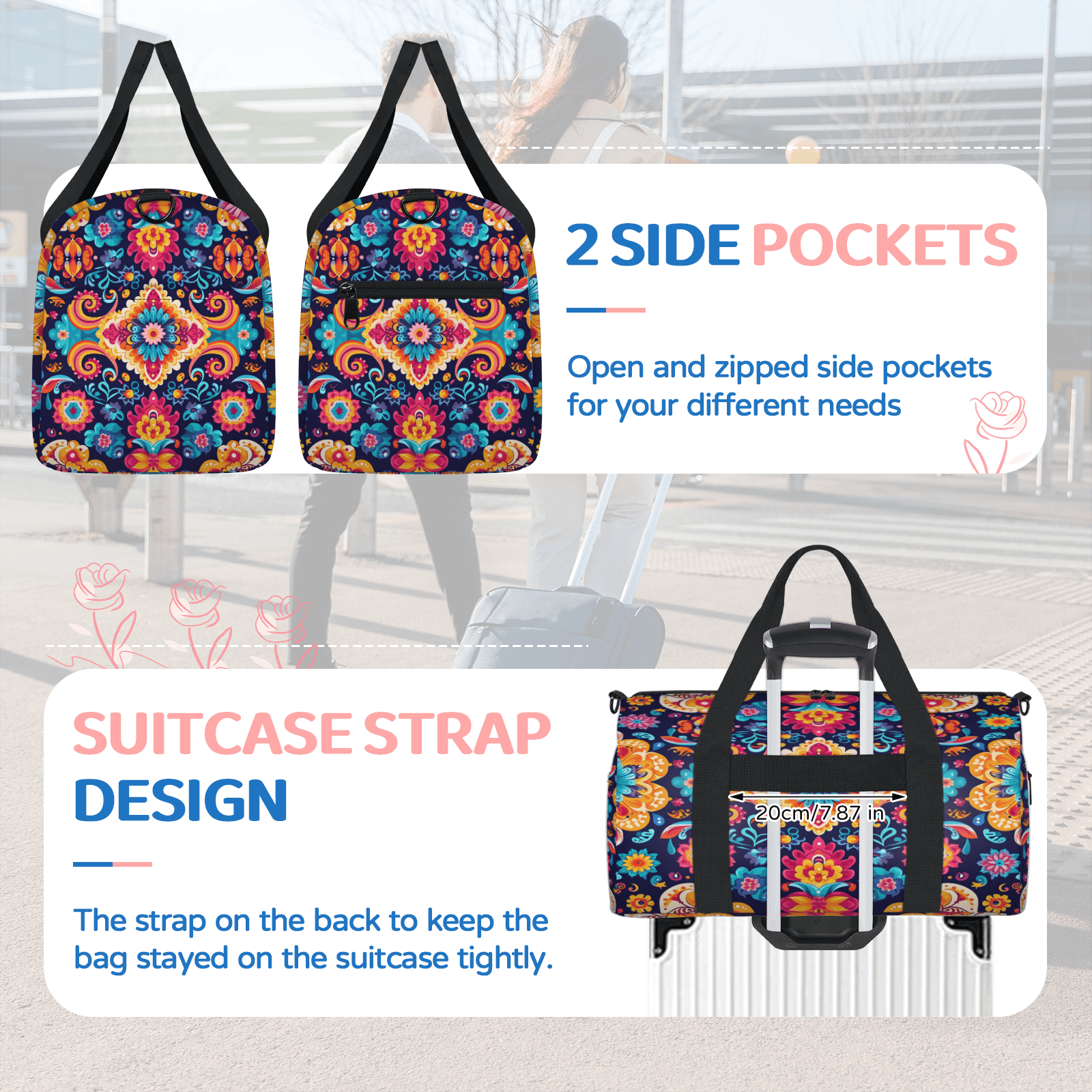Herdesigns Mexico Floral Gym Bag for Women, Duffle Bag for Travel Sport, Mandala Lightweight Waterproof Carry on Weekender Dance Yoga Workout Bags