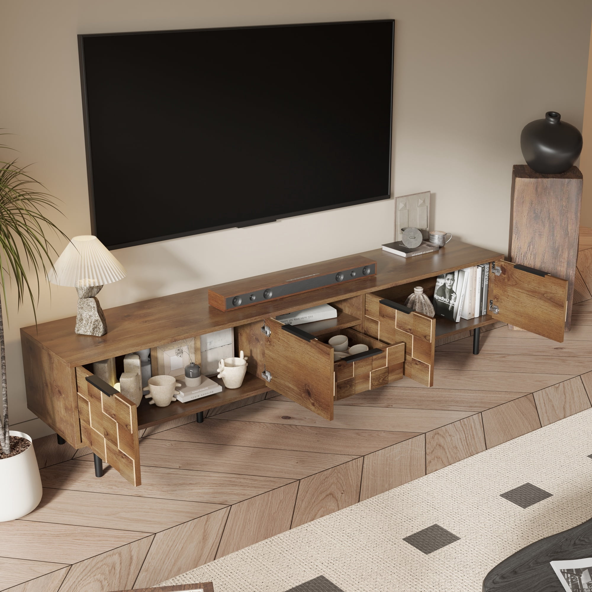 TV Stand for TVs up to 85 Inch, Entertainment Center with Checkered Doors & 1 Drawer, Media Console for Living Room
