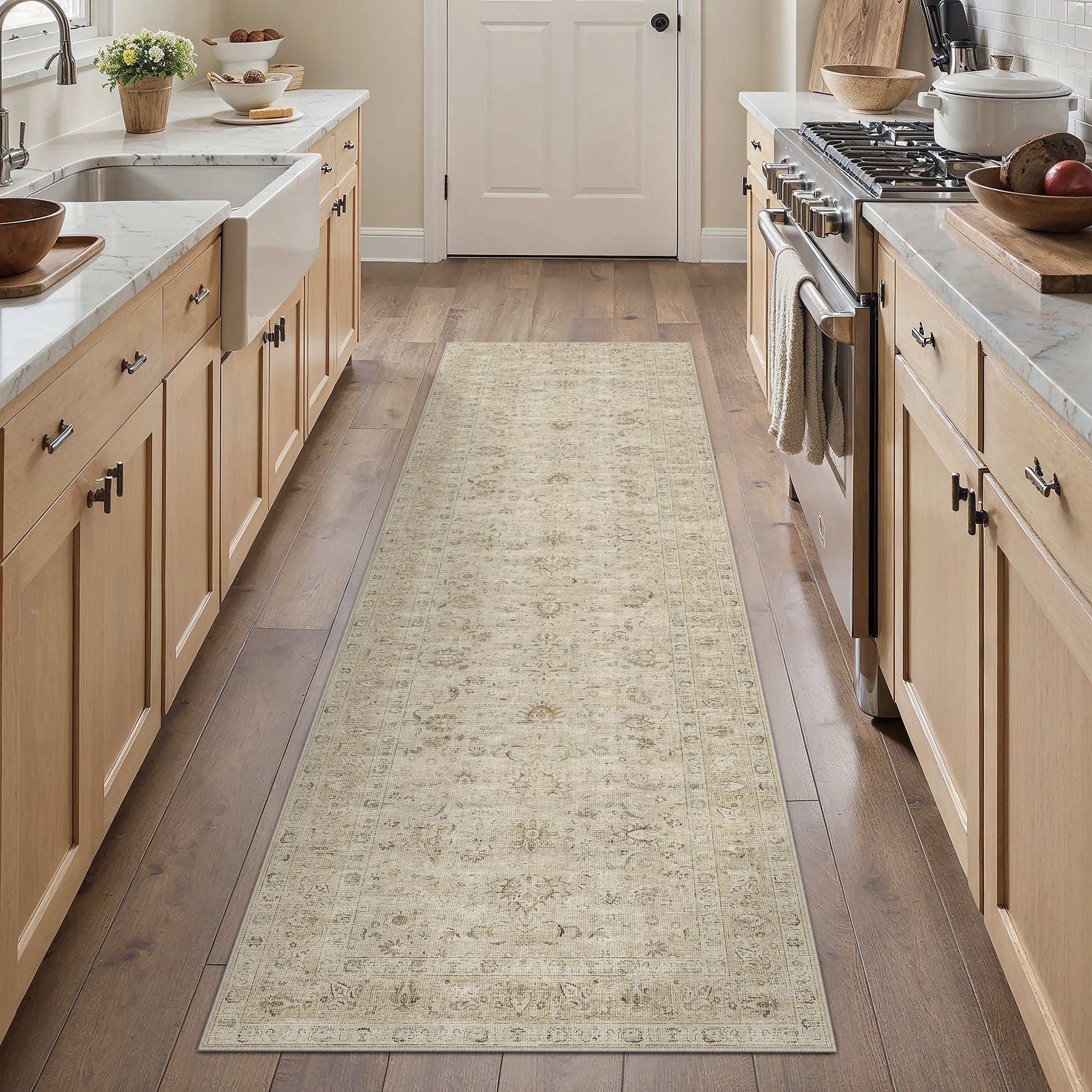 BERTHMEER 3'×12' Runner Rugs for Hallway Kitchen Entryway Bedroom Bathroom Entrance Oriental Floral Vintage Farmhouse Machine Washable Non-slip Traditional Distressed rugs, Beige
