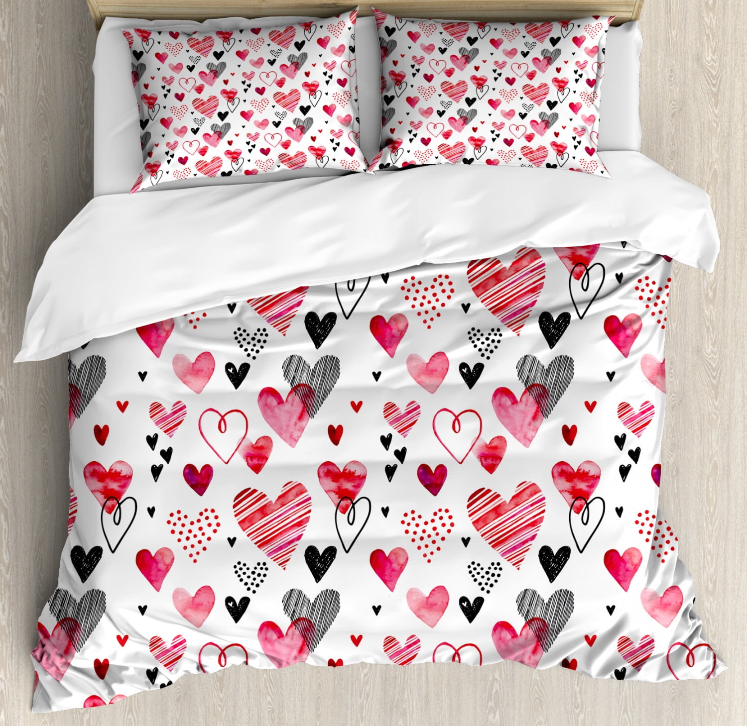 Valentines King Size Duvet Cover Set, Doodle Style Hearts with