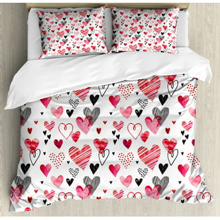 Valentine Bedspread Set, Different Types of Heart Shapes Romance Love Theme  Watercolor Striped Art, Decorative Quilted Coverlet Set with Pillow Shams  Included, Pink Black White, by Ambesonne 