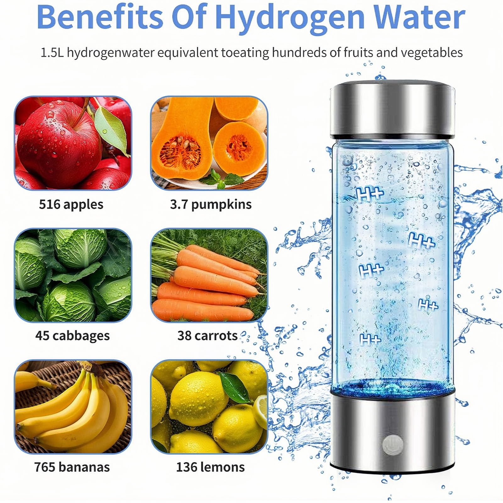 HYEASTR Hydrogen Water Bottle Generator, Portable Water Ionizer Machine Cup with Rechargeable Glass Bottle, Healthy Alkaline Hydrogen Ions Water Maker Pitcher, Gift for Men Women - Silver