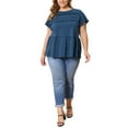 thumbnail image 3 of GRACE & GRANDEUR Women's Plus Size Babydoll Peplum Tops Pleated Front Ruffle Sleeve Crew Neck Flowy Casual Trendy Summer Blouses 1X Dark Blue, 3 of 7