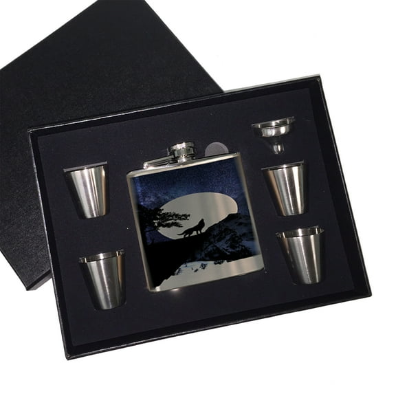 KuzmarK 6 oz. Stainless Steel Flask Set in Black Presentation Box -  Wolf Full Moon Stars