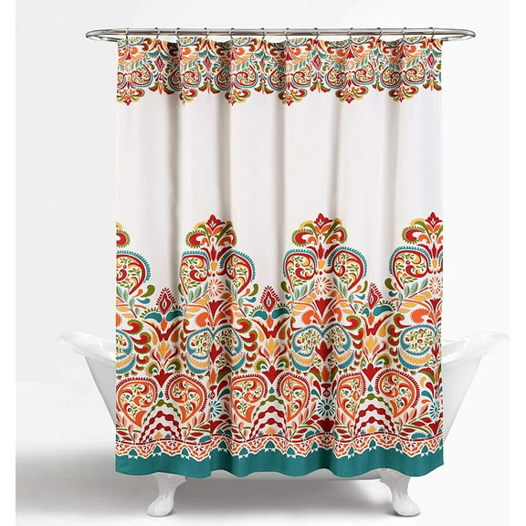 q Clara Shower Curtain - Fabric Colorful Boho Paisley Damask Print Design, 72β x 72β, Turquiose & Tangerine