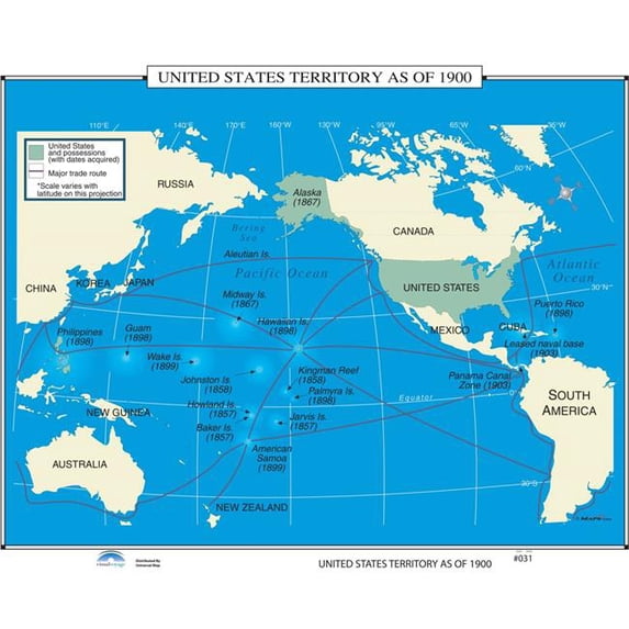 Univarsal 931000061031-46x37-RAW 46 x 37 in. No.031 United States Territory As of 1900 on Roller Wall Map with Backboard - Rail-Walnut Molding