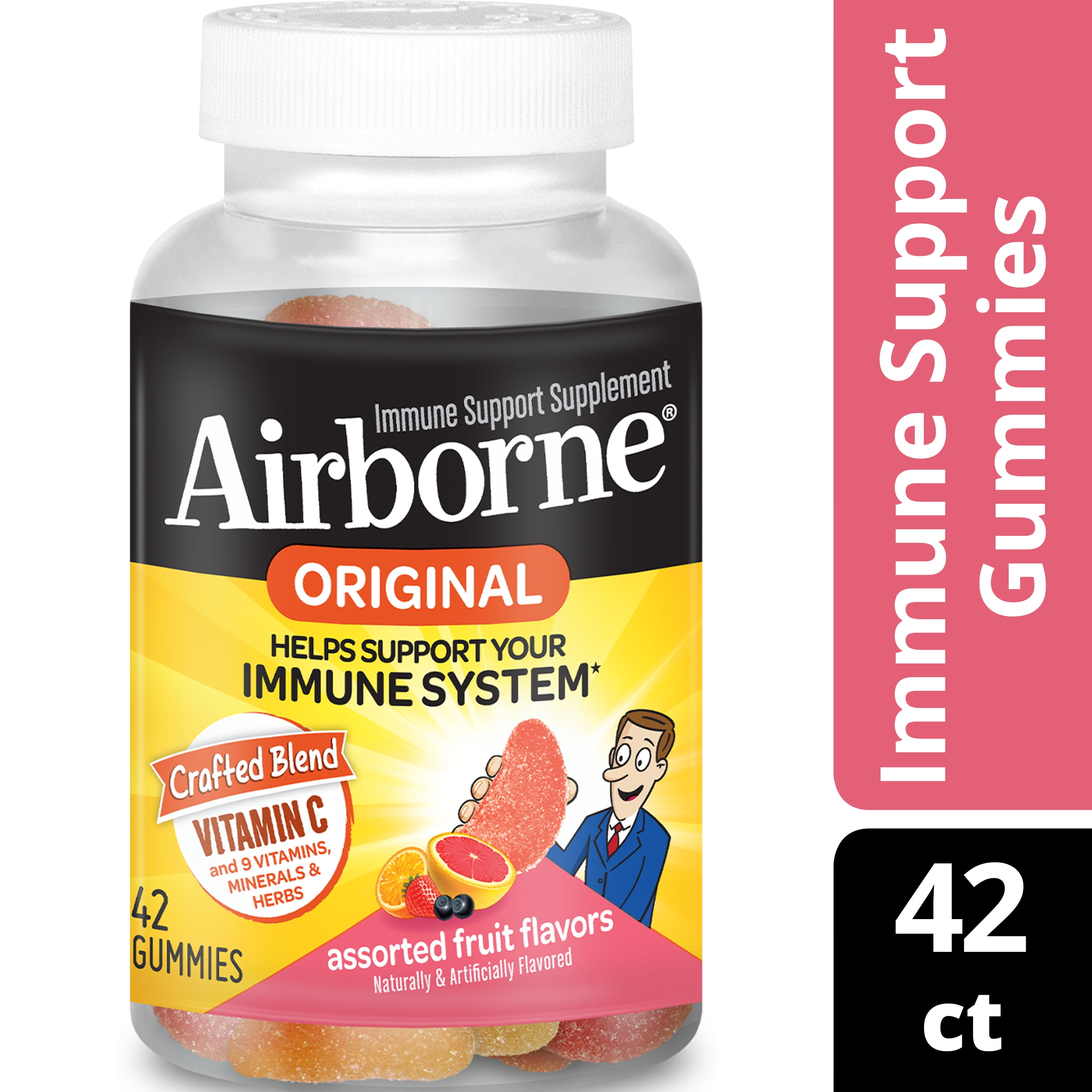Airborne Assorted Fruit Flavored Gummies, 42 count - 750mg of Vitamin C and Minerals & Herbs Immune Support (Packaging May Vary)