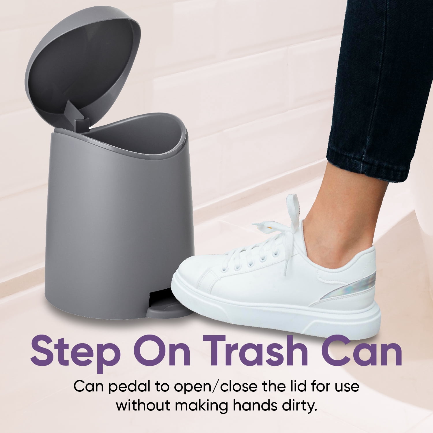 Superio Small Trash Can with Lid 3 Liter, Plastic Mini Waste Bin 0.75 Gallon, Modern Flat Lid Step Trash Can with Foot Pedal, Bathroom, Bedroom, Office, Under Desk, Soft Close (Gray, 2 Pack)