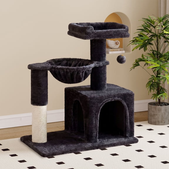 Sha Cerlin 29.5" Multi-Level Cat Tree, Indoor Cat Tower with Sisal Scratching Posts, Cozy Perch, Basket, Condo and Hanging Ball, for Kittens and Adult Cats, Blue