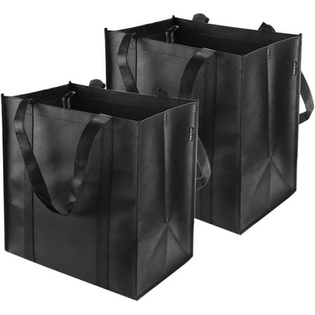 2 Pack Black Shopping Bags, Reusable Shopping Bag Grocery Bag Tote Bag, Foldable, Washable, Stands Upright, Reinforced Bag with Small Hook for Life, Family, Holiday, Picnic, Camping