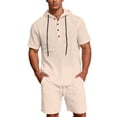 thumbnail image 2 of Maqroz Workout Sets for Men 2-Piece Hooded Quarter Button Shirt Top with Casual Drawstring Shorts Short Sleeve Casual Lightweight Everyday Wear Solid Color Coordinated Outfit, 2 of 9