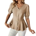 thumbnail image 2 of Mifsaly Womens Peplum Tops V Neck Puff Sleeve Button Down Shirts Ruffle Hem Fitted Waist Summer Casual Elegant Tunic Top Khaki,M, 2 of 7