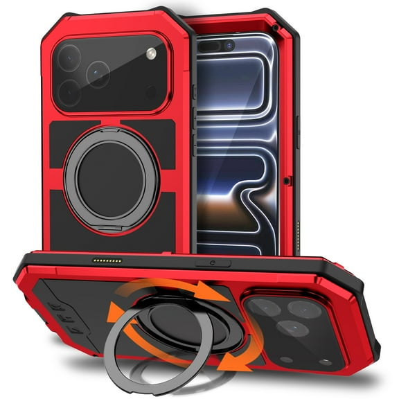 Dteck Full Body Magnetic Case for iPhone 17 Pro Max,Heavy Duty Metal Silicone Case with Tempered Glass Screen Protector 360° Spin Magnetic Ring Stand Compatible with Mag Safe Cover,Red
