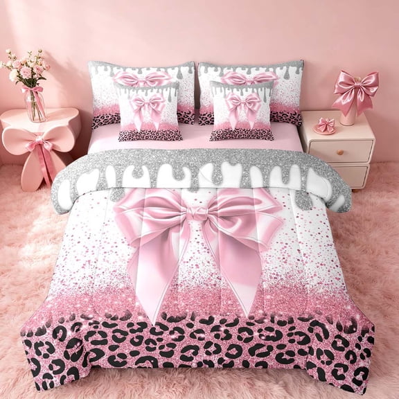 Homewish Pink Bowknot Twin Bedding for Princess Girls, Glitter Cheetah Print Bedding Comforter Set, Pink Reversible, 7 Pieces
