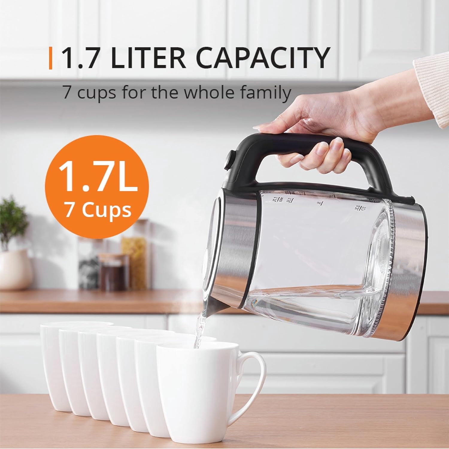 1.7L Glass Electric Kettle: Fast-Boiling 1500W with LED Indicator, Anti-Scale Filter, Auto Shut-Off, and Cordless Design - Boil 1 Cup in 80 Snds for Perfect Tea and Coffee