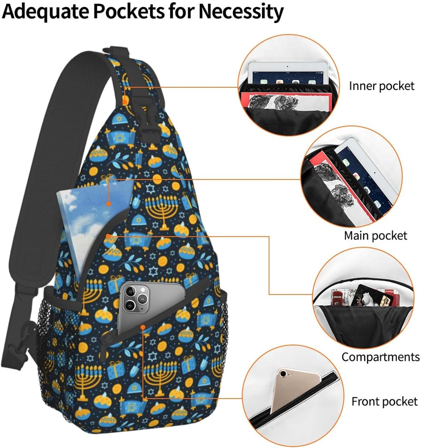 Happy Hanukkah Jewish Chanukah Holiday Sling Bag Crossbody Hiking Travel Chest Bags Backpack Shoulder Daypack for Women Men
